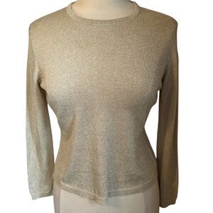 Ann Taylor Silk Blend Gold Sparkly pull over Top ribbed neck,cuffs & hem Size MP